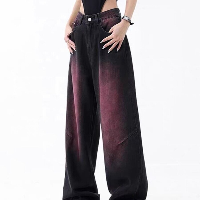 Purple Smudged Black Wide-Leg Jeans for Women in Spring, Autumn and Winter, Plus-Size Pear-Shaped Body Fat Girls Wear Street Pants