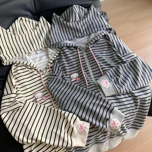 Strawberry Cat Embroidered Striped Top with Cute Cat Ears, Beige and Black Grey Sweatshirt, Loose Outerwear for Women, Autumn and Winter, Japanese Style, Soft Girl