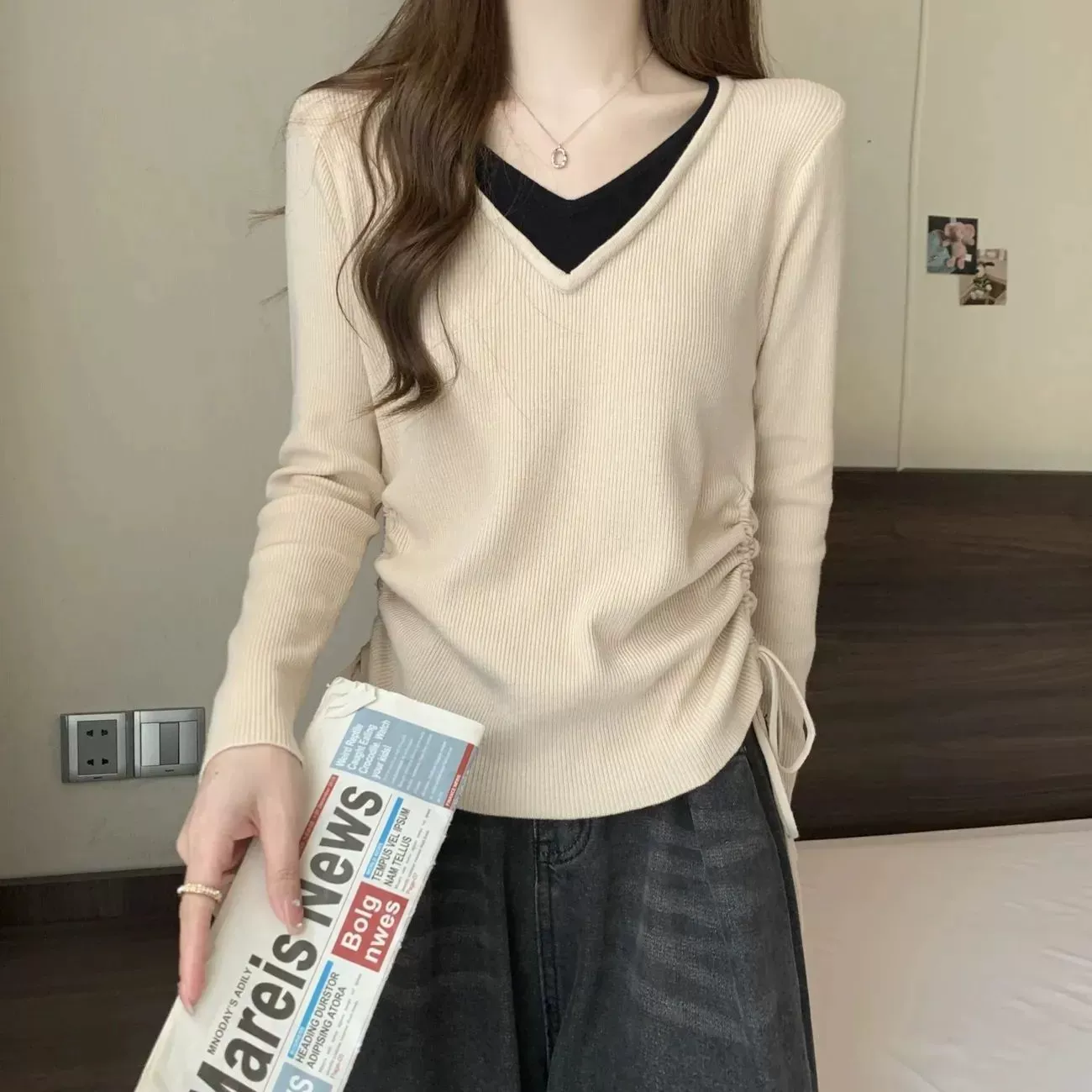 300 фунтов большой размер женская весна и осень поддельные две рубашки с длинными рукавами, толстый мм дизайн