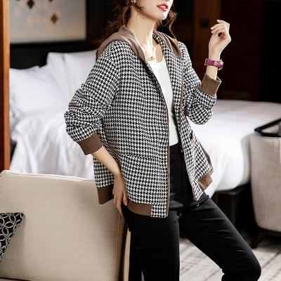 Hoodies women 2022 Autumn and winter new pattern Small fragrant wind Large Women's wear houndstooth Mosaic Cotton clip thickening jacket