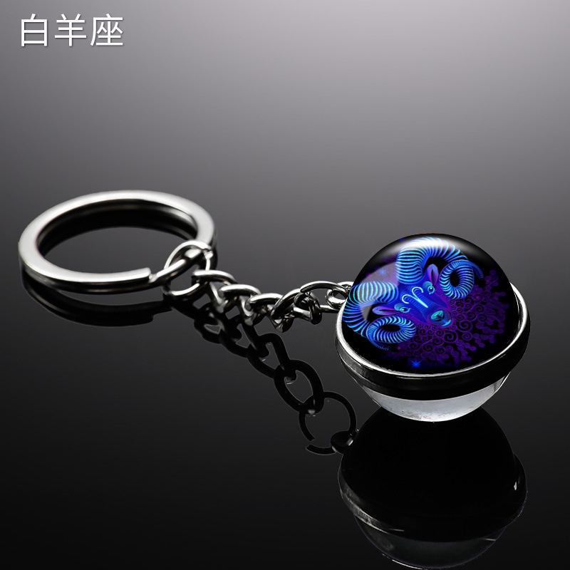 Transfronterizo 12 constelaciones de luz nocturna bolsos colgantes de bolsas de joyas de tiempo doble cara bola de vidrio llavero al por mayor