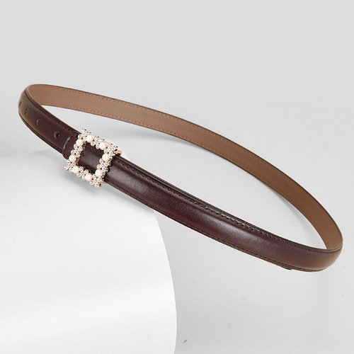 Rhinestone Pearl Women's Belt Cowhide Belt Decorative Versatile Women's Genuine Leather Trouser Belt Women's Style with Jeans and Skirts