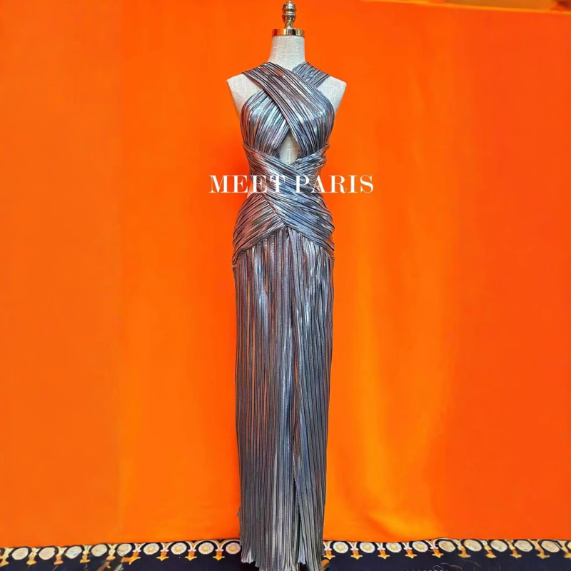 French Retro Pleated Lustrous Niche Sexy Mesh Stitching Perspective Hollow Cross Split Dress dress