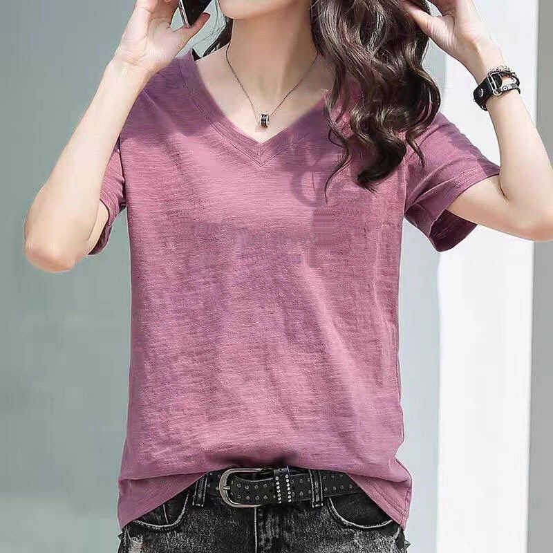 Slub Cotton Short-sleeved T-shirt Women's V-neck Summer New Large Size Women's Loose Slimming All-match Cotton Top T-shirt