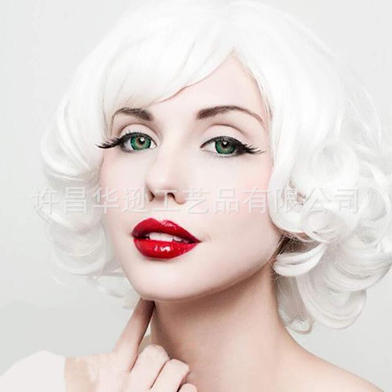 Wig Headgear White Curly Hair Wig with Bangs Women's Cosplay Costume Short Layered Synthetic Hair Party