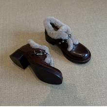 羊皮版~英伦复古风毛毛加绒小皮鞋女秋冬新款百搭皮带扣粗跟单鞋