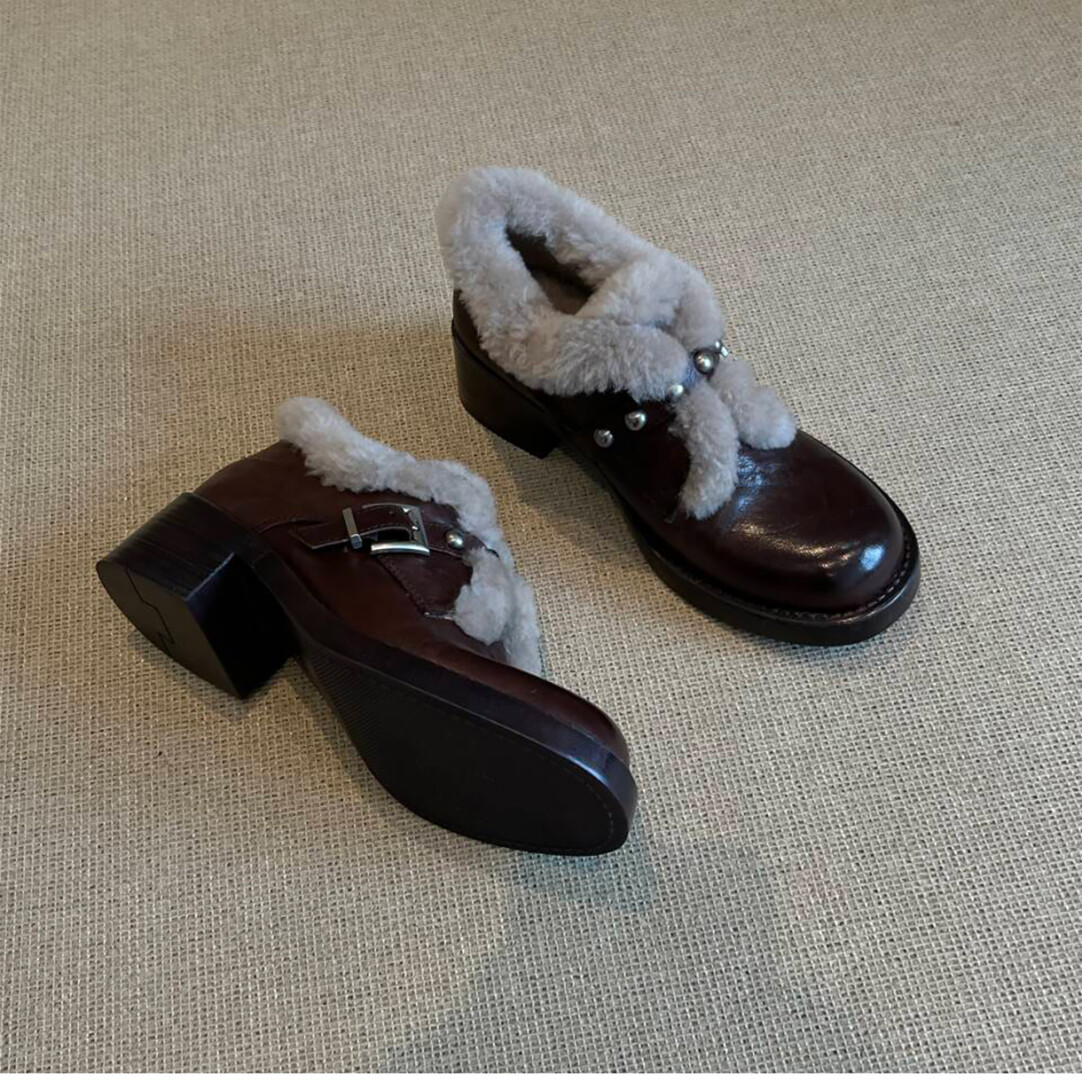 羊皮版~英伦复古风毛毛加绒小皮鞋女秋冬新款百搭皮带扣粗跟单鞋