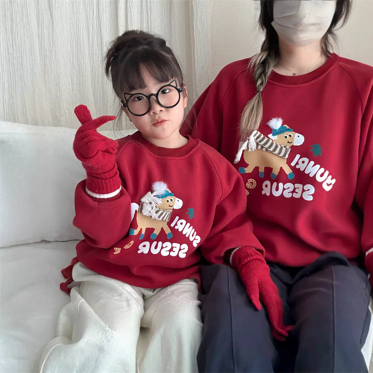 男童女童韩国亲子装马年新款年款加绒亲子一家四口圆领卫衣儿童