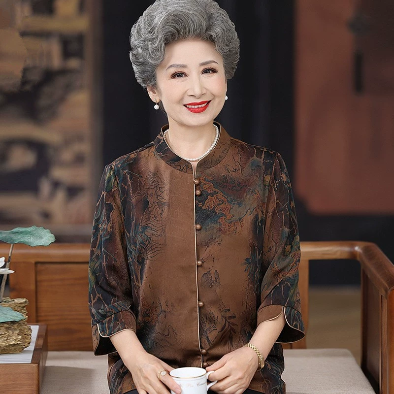 Бабушка летняя рубашка 70-летняя леди высококачественный Топ костюм для мамы старая летняя рубашка женская с коротким рукавом