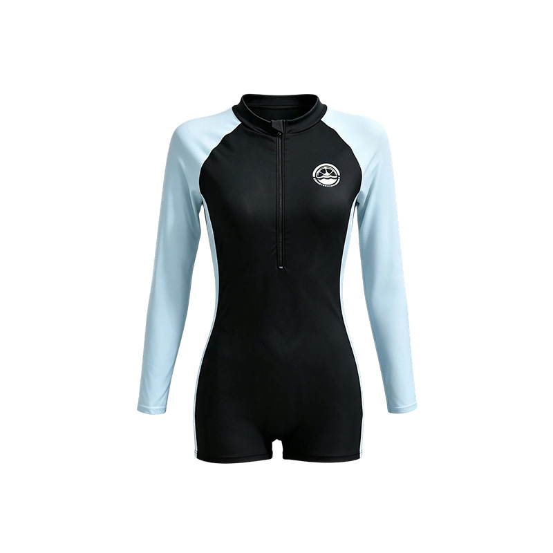 Traje de baño de una pieza de manga larga con bloques de color para mujer, con cremallera, protección solar, corte ajustado, adelgazante, que cubre el cuerpo, conservador, corte cuadrado, traje de baño deportivo para piscina