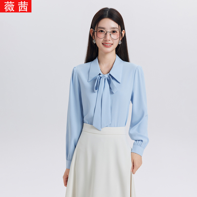 French-style tie-neck long-sleeve women's shirt, blue shirt for workplace wear, commuter style, new autumn formal dress set