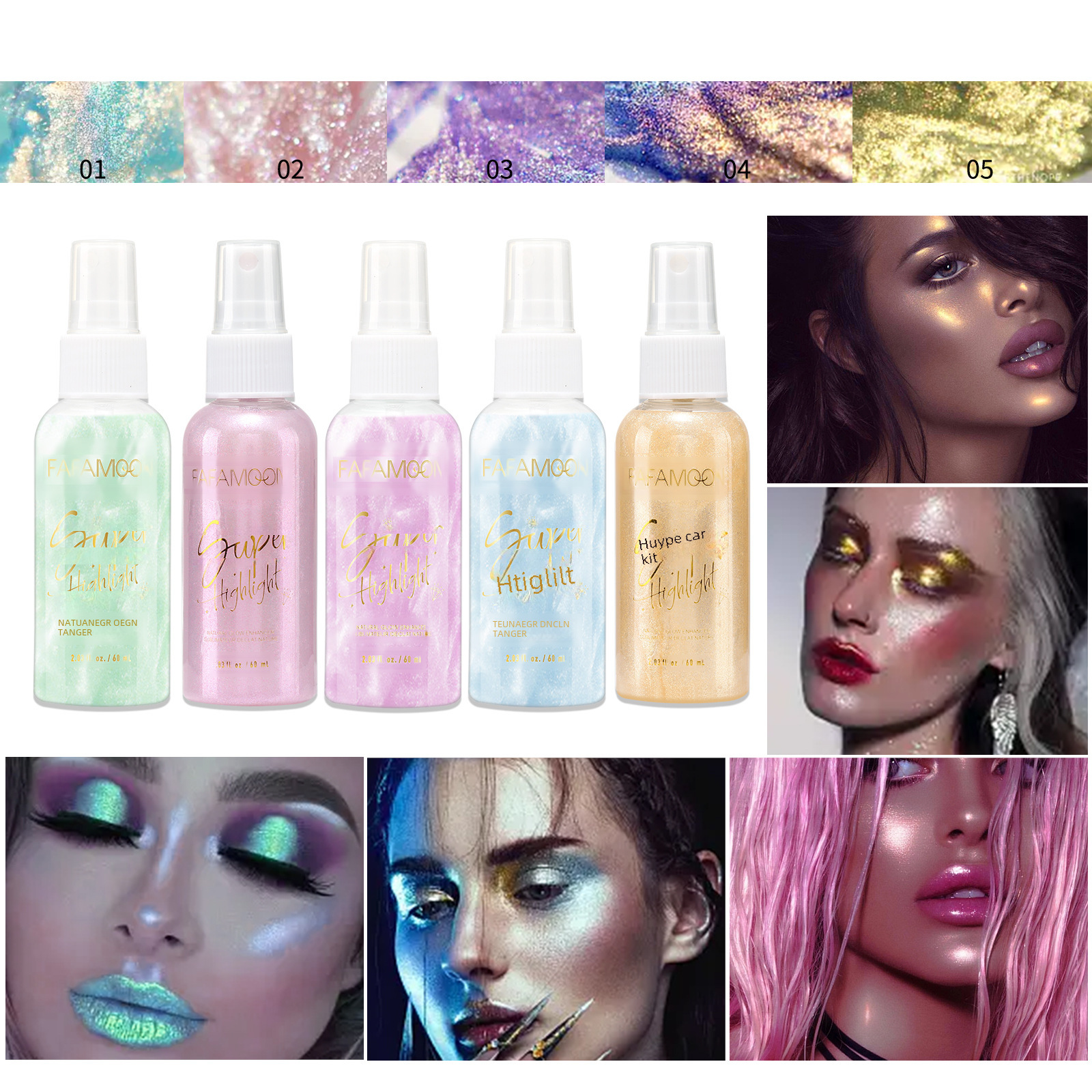 Spray iluminador corporal, destello fino, arenas movedizas de colores, pintura corporal dorada, maquillaje de escenario polarizado, festival FAFAMOON_voghion.com