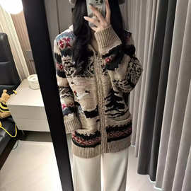 卡通女孩提花皮质拉链针织开衫洋气慵懒休闲翻领长袖百搭毛衣外套