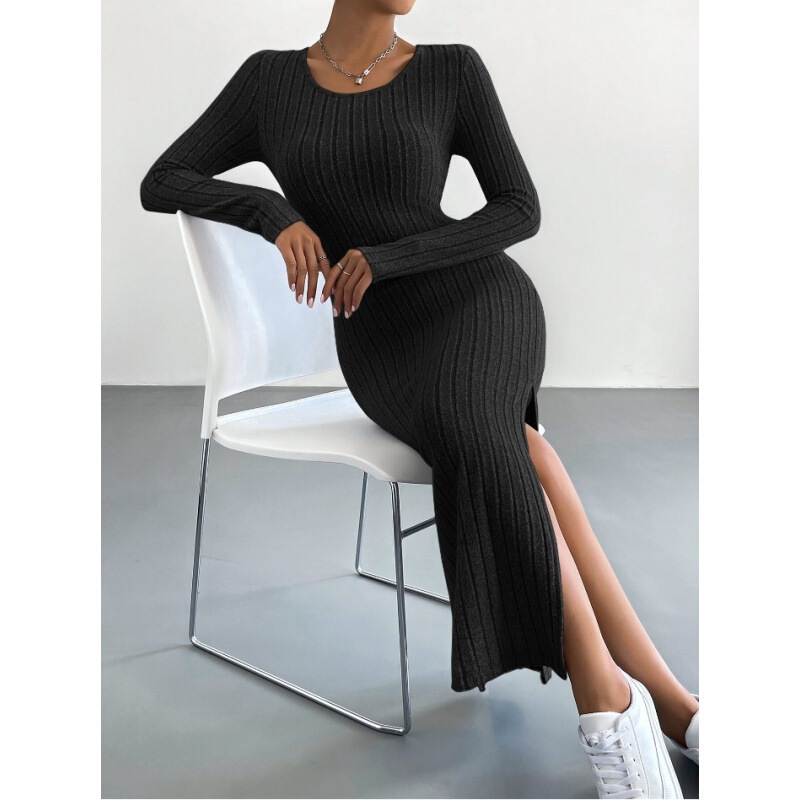 Hot sale Europe and the United States cross-border Amazon 2023 autumn and winter new long sleeve round neck split knit long dress women Hot sale Europe and the United States cross-border Amazon 2023 autumn and winter new long sleeve round neck split knit long dress women