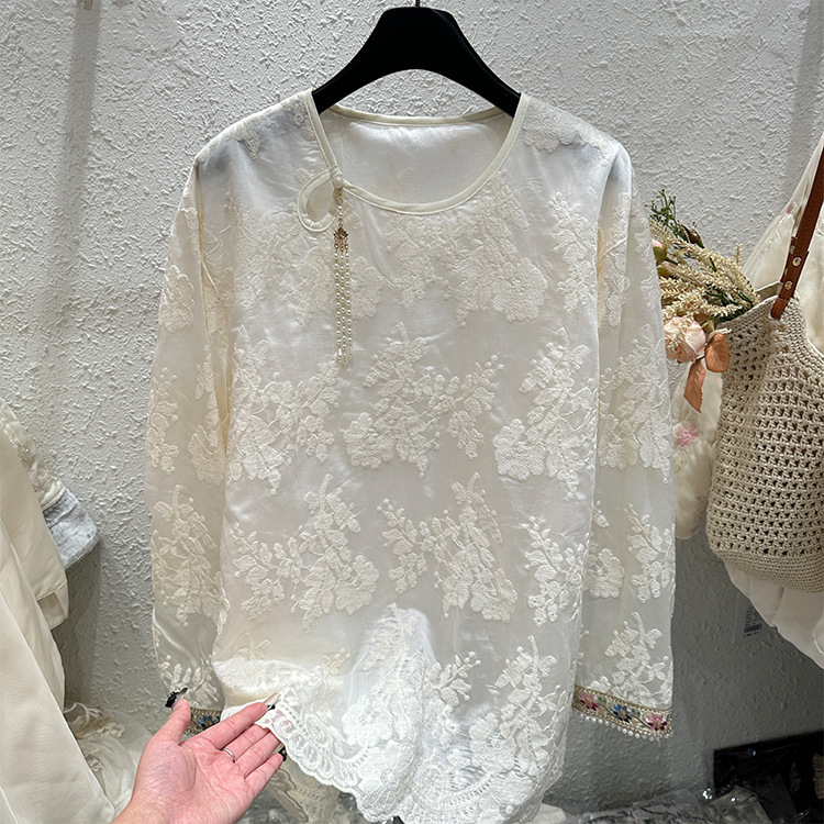 New Chinese Style National Style Embroidered Lace Shirt Pearl Tassel Decorative Top Women's 2025 Early Spring New Long-Sleeved Shirt Trendy