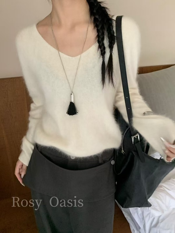 法式V领软糯山羊绒毛衣一秋季爆款95%羊毛绝美紫色针织衫女P5043|undefined