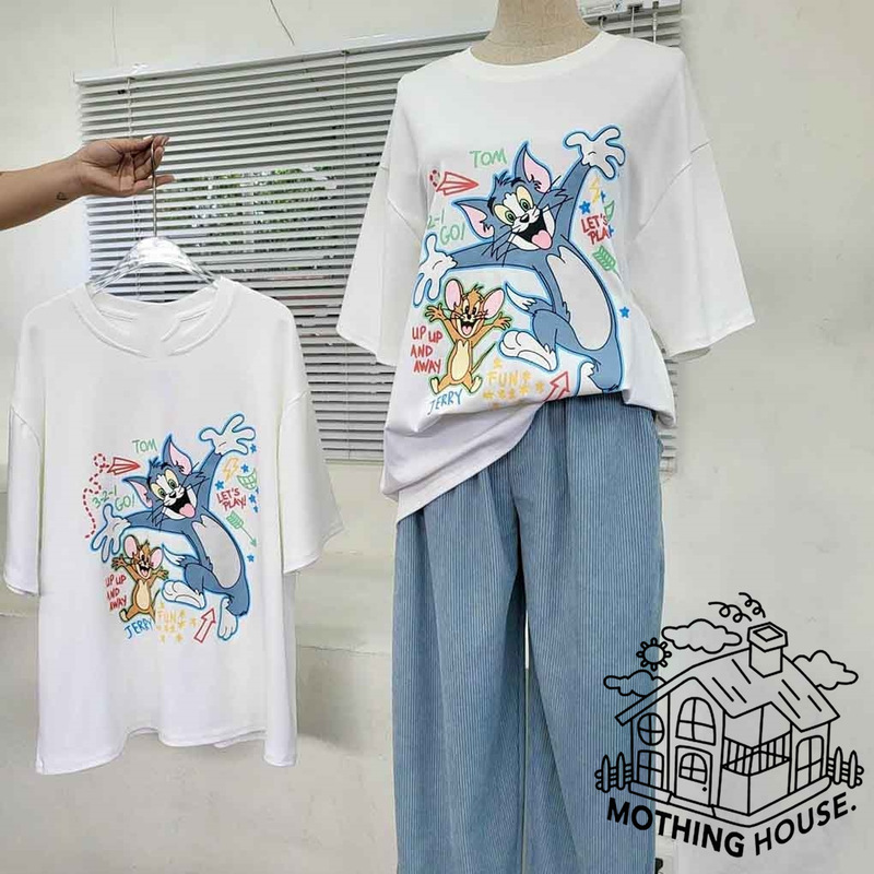 Thailand girls' cute casual suit women's summer new cat and mouse short-sleeved wide-leg pants sports two-piece suit fashion