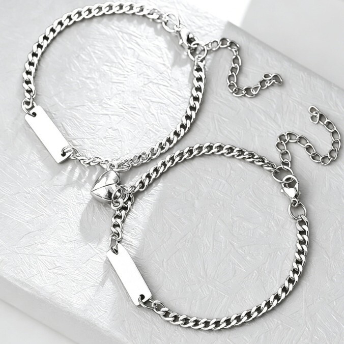 Long Bracelet for Couples, a Pair of Bracelets That Can Be Engraved, Love Heart Magnets That Attract Each Other, Accessories, Magnetic Couple Style