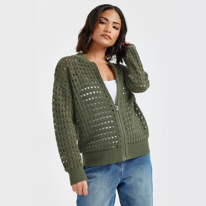 Independent Brand 2026 Women's American-Style Grid Sweater, Comfortable Casual Versatile Hollow-Out Zipper Jacket Wholesale