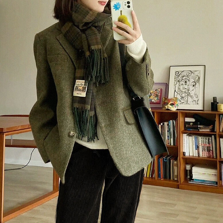 100% wool blazer with high-quality herringbone pattern, vintage tweed, new spring/autumn green short style women's clothing