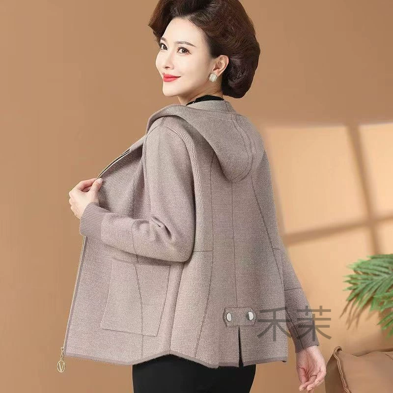 M мама весна и осень толстые карманные кардиганы 2024 новые иностранные женщины среднего возраста короткие вязаные волосы с капюшоном