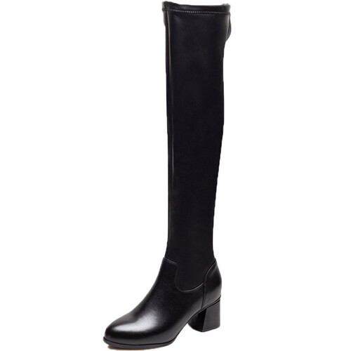 Women's Soft Leather Stretch Boots, Slimming High-Top Leather Boots with Fleece Lining—Stylish Chunky-Heel Over-the-Knee Boots for Autumn and Winter