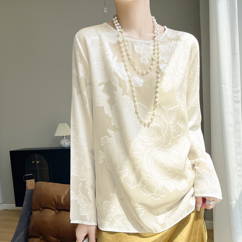 Cross-Border 2025 Summer New Retro New Chinese Style Round Neck Ice Silk Shirt Women's Elegant Jacquard Versatile Top