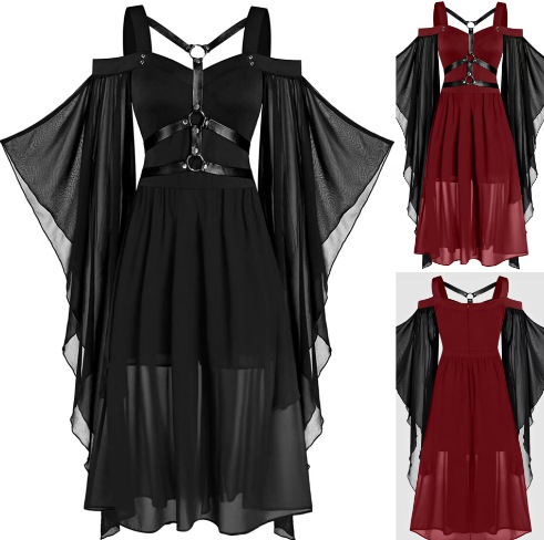 Amazon's New Gothic Large Swing Sleeves Chiffon Splicing Halloween Suspender Long Skirt Strappy Retro Dress for Women