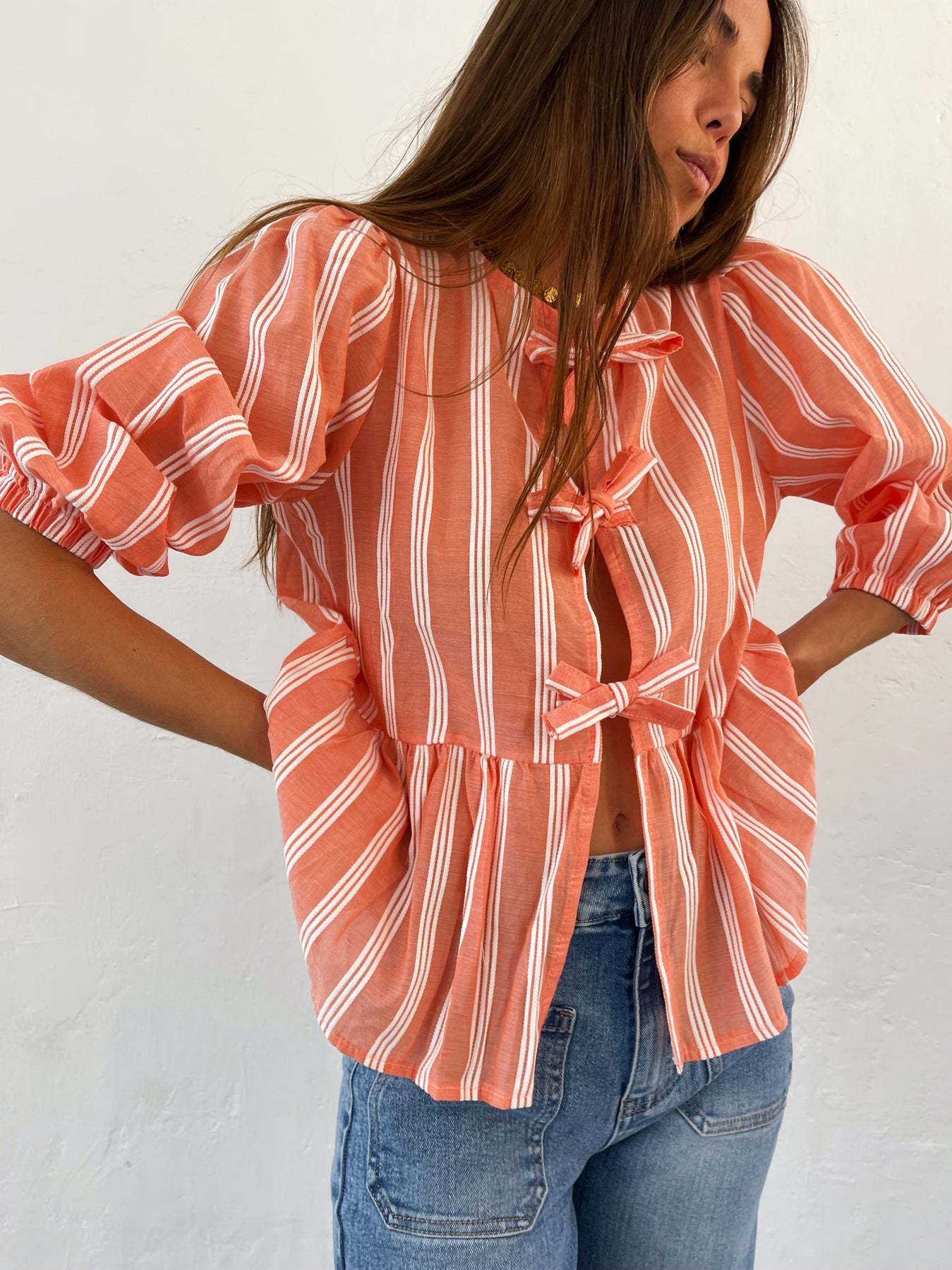 210g Weight Half Sleeve Sleeve Length Tie Placket Type Regular Sleeve Sleeve Type Polyester Fabric Type Regular Top Length Blouse Tops Type Holiday Occasion Round Neck Neckline Loose Fit Type Stripe Pattern Summer, Spring Season Women's Gender Streetwear Style Wholesale Women's Streetwear Stripe Half Sleeve Blouses 21