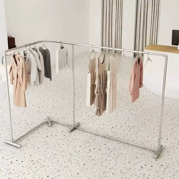 服装店展示架落地式转角中岛架男女装店L型弧形不锈钢陈列挂衣架