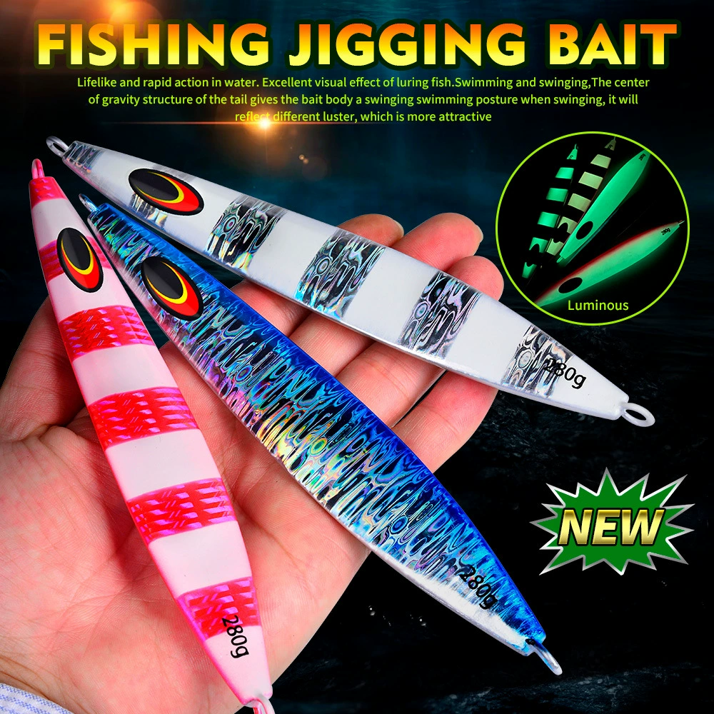 Señuelo metálico jigging con forma alargada y acabado plateado