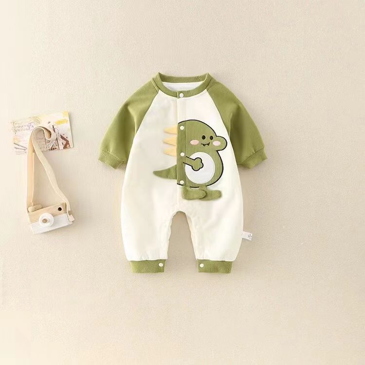 Ropa para bebés, abrigos de primavera y otoño, hombres y mujeres, bebés de dibujos animados, dinosaurios, tela de algodón de doble capa, una pieza, ropa de salida para recién nacidos