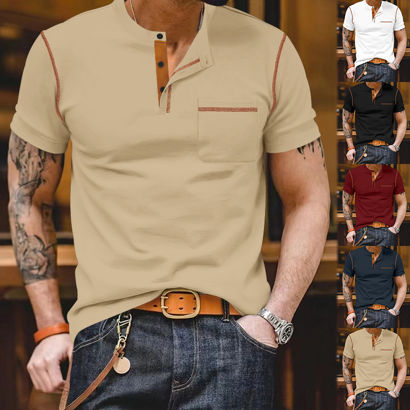 24 Summer Solid Color Short Sleeved T-Shirt Polo Top Men's_voghion.com