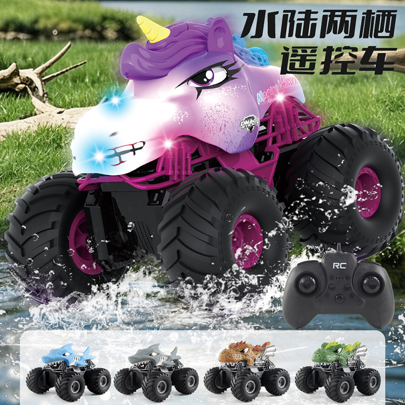 2.4G control remoto de agua y tierra bicampo coche de acrobacias de pesca con inyección automática de agua de chorro de agua de control remoto juguete unicornio coche