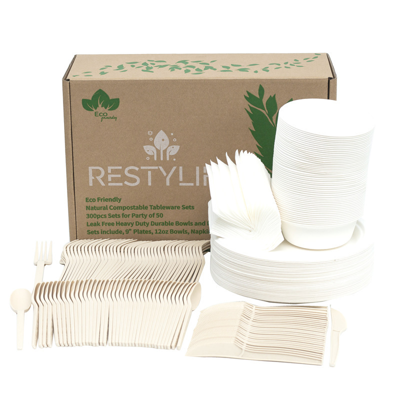Cross-border export degradable environmentally friendly pulp bagasse disc PLA knife, fork and spoon bowl Cup chopsticks tableware suit Cross-border export degradable environmentally friendly pulp bagasse disc PLA knife, fork and spoon bowl Cup chopsticks tableware suit