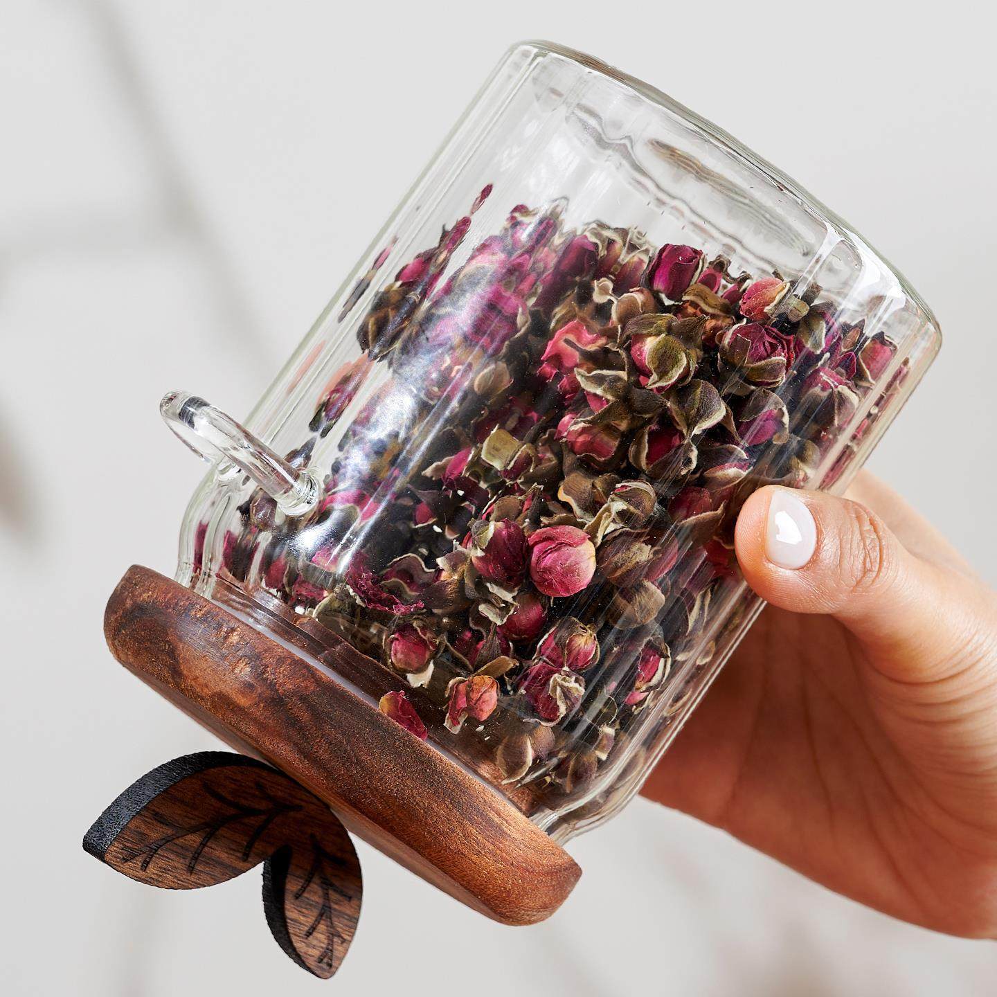 alto borosilicato de vidrio estriado tanque de sellado Acacia cubierta de madera con cuchara tanque de almacenamiento de té granos tanque de almacenamiento
