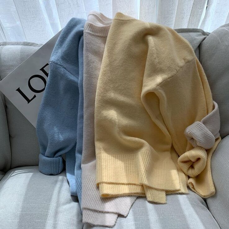 Autumn and Winter Korean Style Lazy Style Versatile Round Neck Knitwear Pure Color Pullover Women's Knitwear Thickeneded Loose Top Cream Color