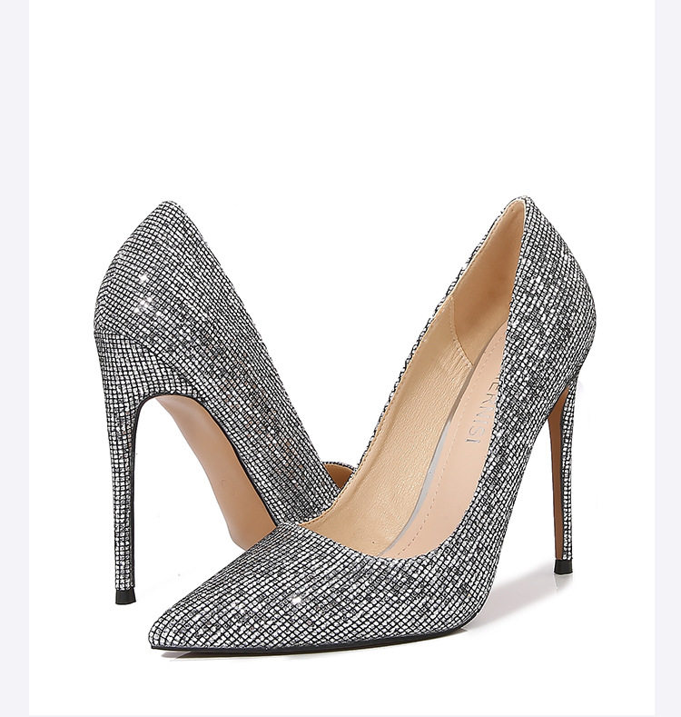 Giày cao gót nữ mũi nhọn gót siêu cao phủ sequins lấp lánh phong cách Âu Mỹ — Màu bạc, Màu sắc, Màu vàng, Màu đỏ chi tiết 31