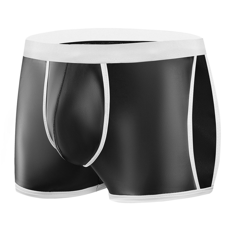 Cross-Border European and American Men's Matte Soft Leather Shorts, Black and White Color-Blocking Wide Elastic Waistband, Sexy Side-Cut Boxer Shorts