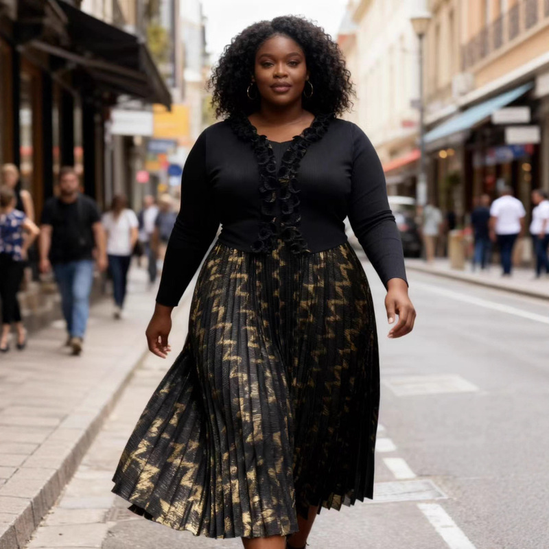 Miyake Pleated Dress 2025 Autumn New Hot Stamping Draped Retro Fake Two-Piece Waist Slimming Look Mid-Length Pleated Skirt