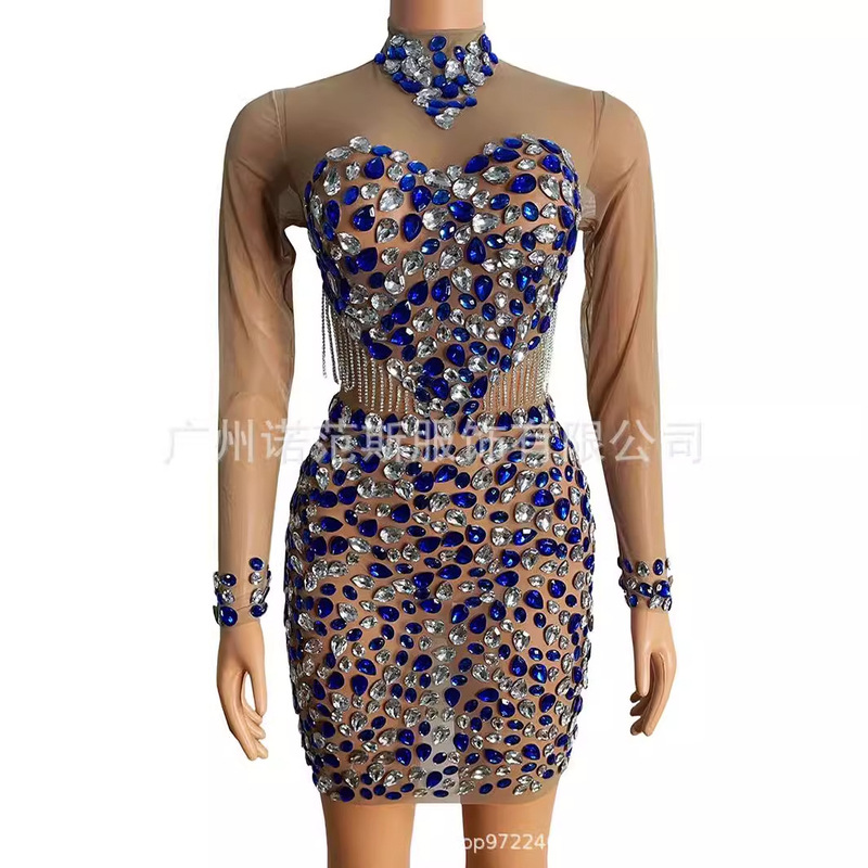 2024 Blue and White Sparkling Heart-Shaped Rhinestone Dress with Tassels Cocktail Party Dress Long-Sleeved Short Skirt