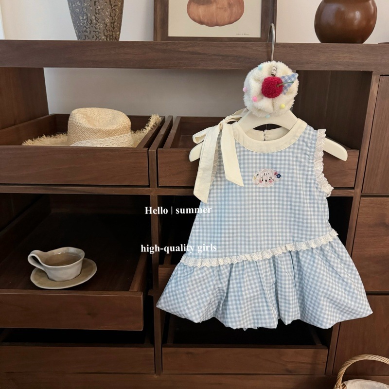 Vestido de siete niñas de limón salado verano versión coreana de dulce lazo azul a cuadros bebé lindo chaleco de capullo de flor falda de moda