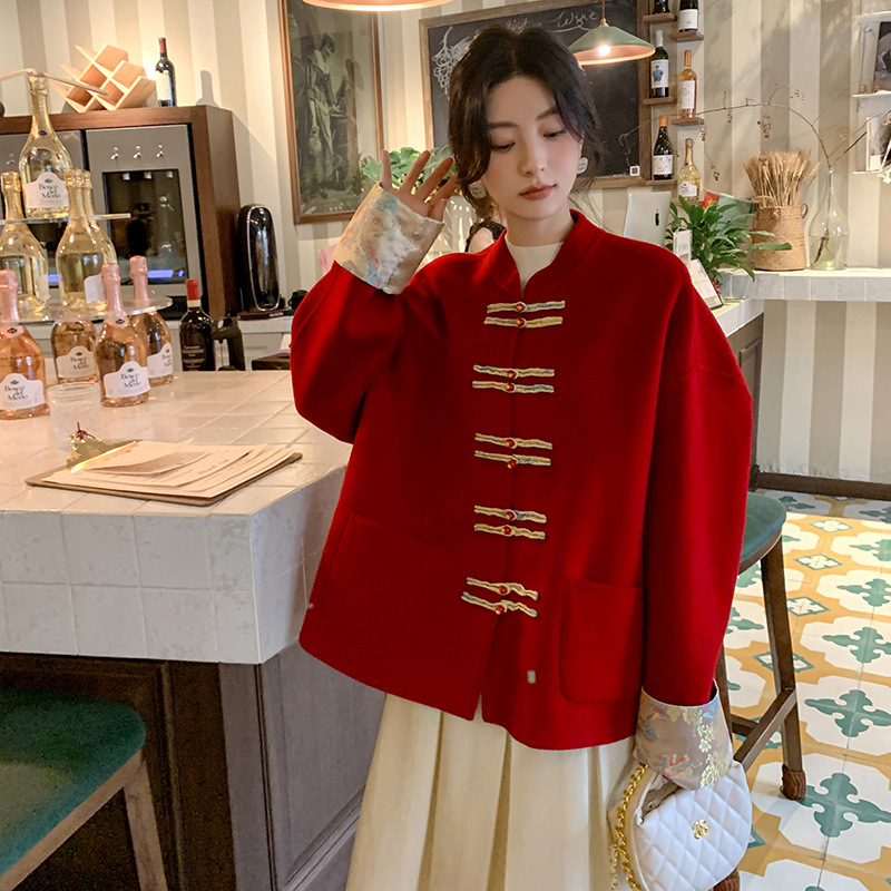 2025 otoño nuevo estilo de moda simple retro 100% abrigo de lana pura abrigo chino corto pequeño