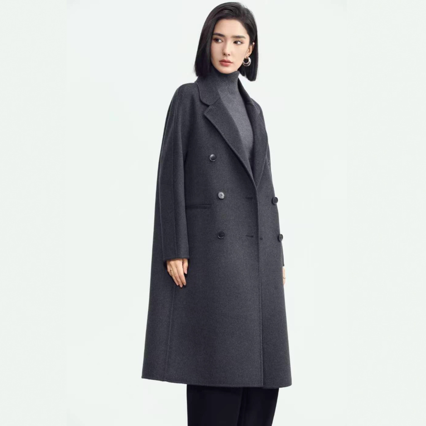 Silk Cashmere Wool Double-Sided Coat Women's Mid-length Over-the-knee 24 Autumn and Winter New Double-breasted Cocoon-shaped Woolen Coat