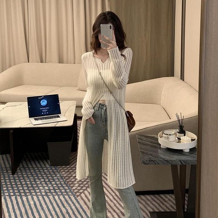 Hollow-Out Spring and Autumn Style, Youthful, Loose, Thin, Popular Cover-Up Long Coat, Spring and Autumn Gentle White Knitwear