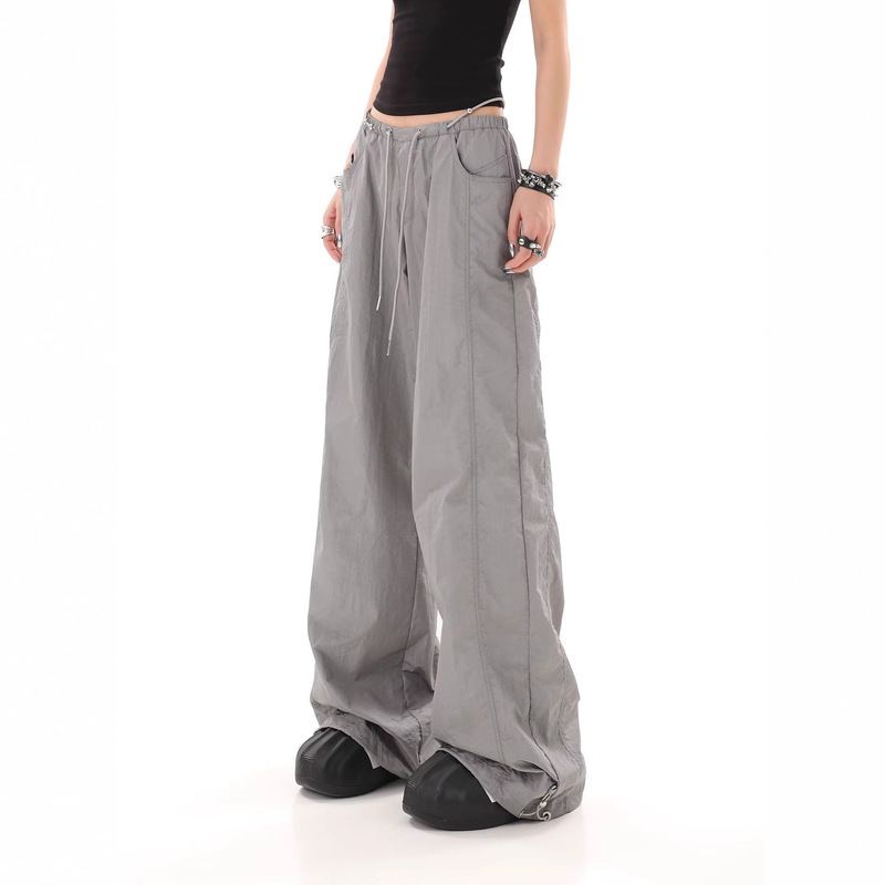 Summer Thin American-Style Silver-Gray Workwear Quick-Dry Pants for Women, High Street Casual Pleated Paratrooper Pants, Wide-Leg Sun-Protection Pants