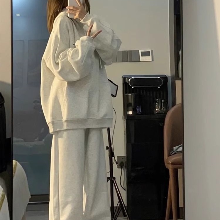 大码美式休闲运动套装女秋冬胖mm2-300斤宽松卫衣阔腿裤两件套ins|undefined