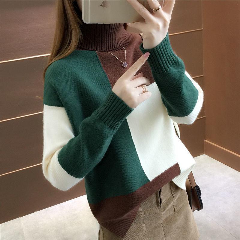 Spring and Autumn Lazy Style High Collar Knitted Bottoming Shirt Color Matching Loose Large Size Sweater Women's Ice Silk Shoulder Strap Regular Style