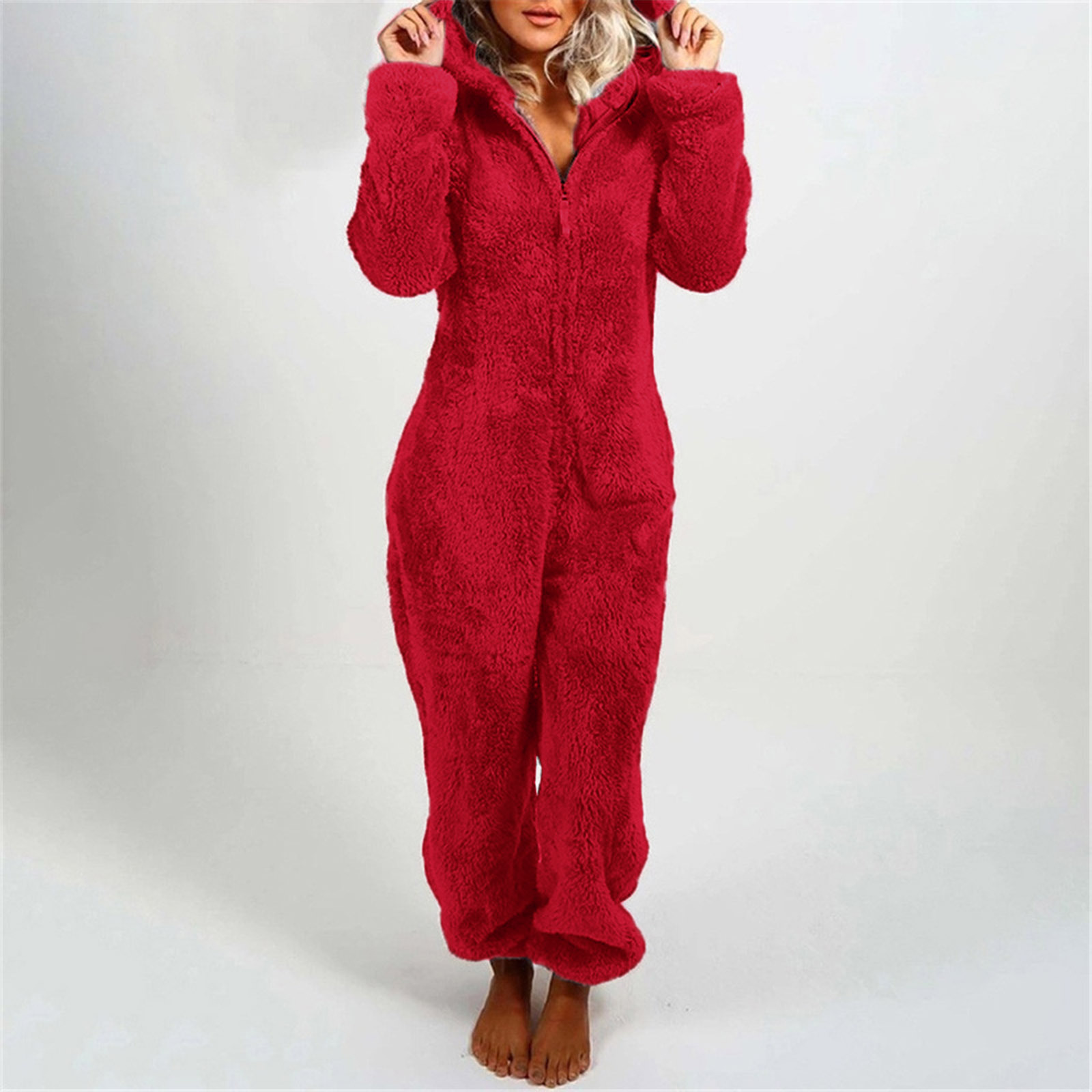 2022 europeo y americano Amazon otoño e invierno nuevo Mono de mujer color sólido con capucha SLIM-Fit mono de felpa de manga larga