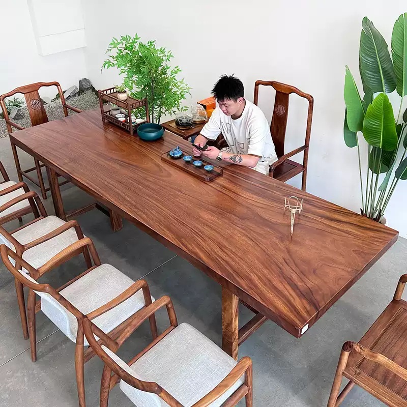 实木餐桌椅组合北美黑胡桃木长方形茶桌大板桌雨木茶板整块泡一体-阿里巴巴
